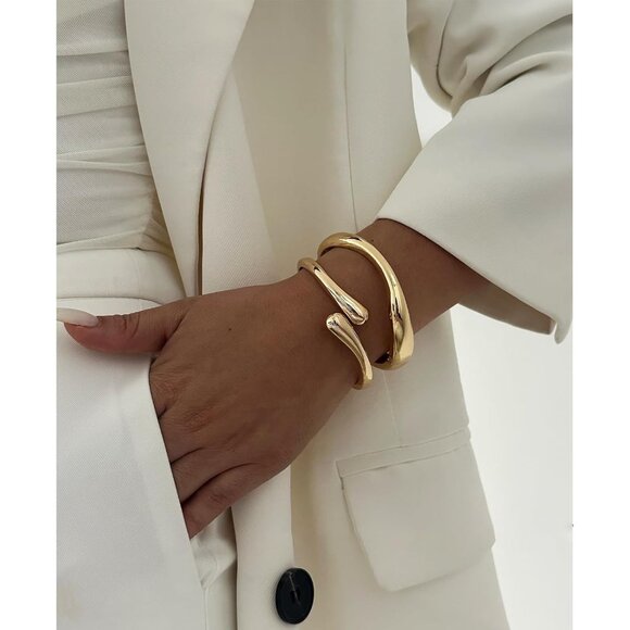 Gold 2 Sets Bangle Bracelets for Women and Teens Adjustable Chunky Twist Cuff - Picture 3 of 6